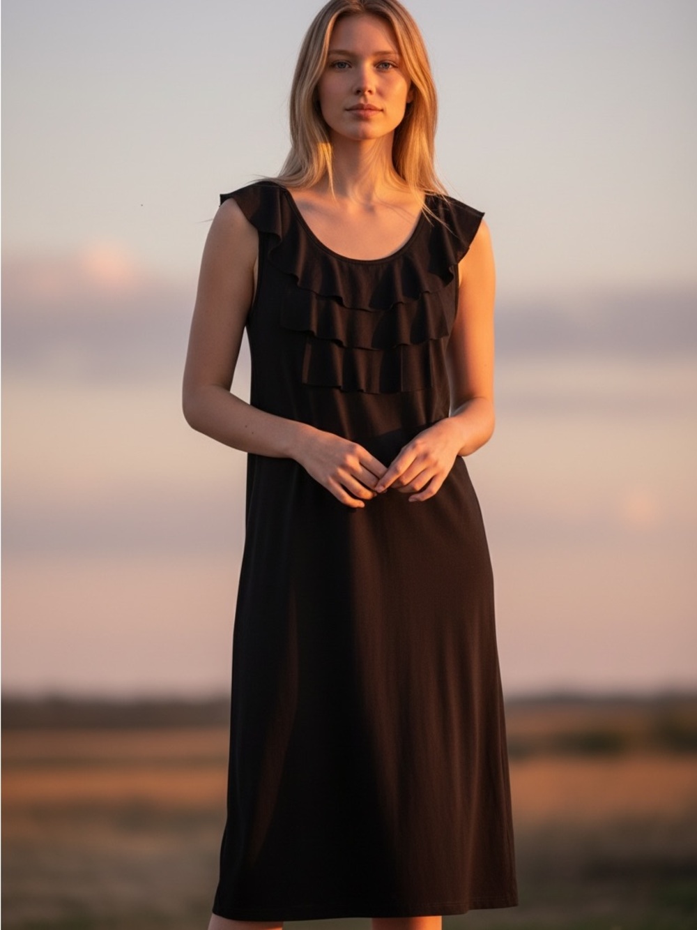 Sleeveless Black Ruffle Midi Dress - Women's